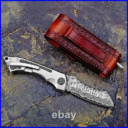 Wharncliffe Folding Knife Pocket Hunting Survival Damascus Steel Titanium Handle