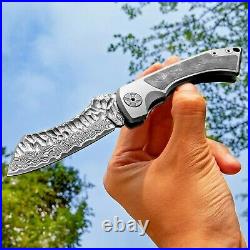 Wharncliffe Folding Knife Pocket Hunting Survival Damascus Steel Titanium Handle