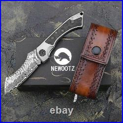 Wharncliffe Folding Knife Pocket Hunting Survival Damascus Steel Titanium Handle
