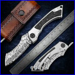 Wharncliffe Folding Knife Pocket Hunting Survival Damascus Steel Titanium Handle