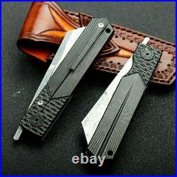 Wharncliffe Knife Folding Pocket Hunting Survival Damascus Steel Titanium Handle