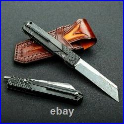 Wharncliffe Knife Folding Pocket Hunting Survival Damascus Steel Titanium Handle