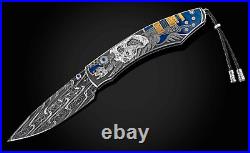 William Henry EL DIABLO HAND-ENGRAVED STAINLESS FOLDING KNIFE WithGOLD&SILVER 1/15