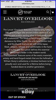 William Henry Knife Lancet Overlook 24k Gold Damascus Steel (Retail $1,275.00)