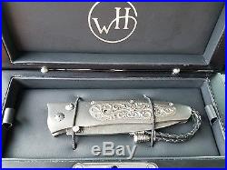 William Henry knife Rob Thomas Damascus, hand carved silver inlay. Custom
