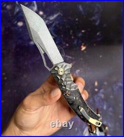 Wootz Steel Folding Pocket Knife Tactical Flipper Carbon Fiber Ball Bearing Top