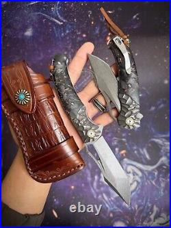 Wootz Steel Folding Pocket Knife Tactical Flipper Carbon Fiber Ball Bearing Top