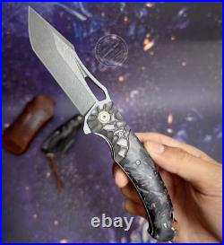 Wootz Steel Folding Pocket Knife Tactical Flipper Carbon Fiber Ball Bearing Top