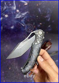 Wootz Steel Folding Pocket Knife Tactical Flipper Carbon Fiber Ball Bearing Top