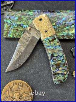 York vivant Custom handmade Damascus Steel Abalone Shell Folding Knife CBIT-09
