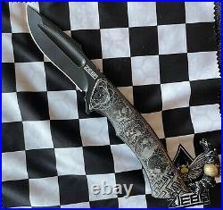 Zieba Custom Knives S5 Demon, M390 Blade, Etched Titanium Handles Skull Spacer